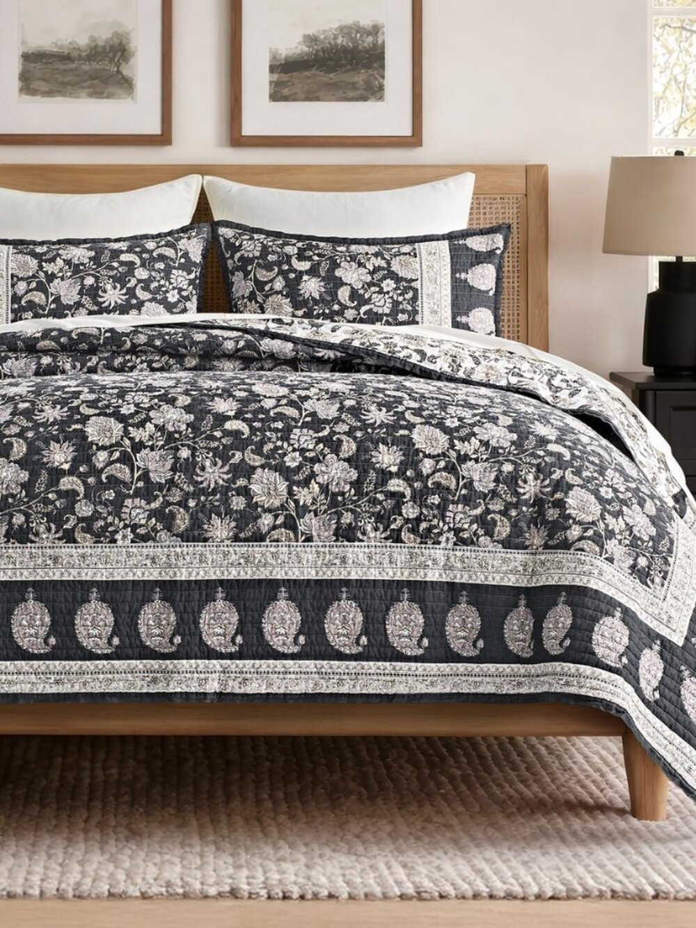 100% Cotton Floral Quilt Set, King Size, Dark Charcoal 108"×96"